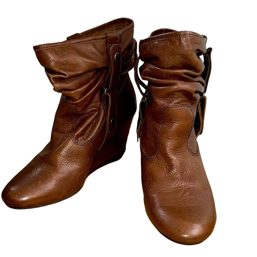 🔴5 for $40 SALE ! Kenneth Cole Brown Leather Wedge Blue Ice Boots Women's sz 8.5
